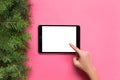 People and technology concept, close up of female hands pointing finger to tablet. blank screen on pink background, top view Royalty Free Stock Photo