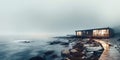 People on a terrace of a minimalistic wooden house located on a tiny rocky island in the middle of the ocean. Generative AI