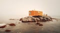 People on a terrace of a minimalistic wooden house located on a tiny rocky island in the middle of the ocean. Generative AI