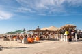 People on terrace of restaurant on beach of Borkum island, East Frisia, Lower Saxony, Germany Royalty Free Stock Photo