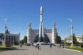 People on the territory of VDNH at the pavilion `Space` and the layout of the launch vehicle `East`. Moscow,
