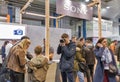 People testing professional photographic cameras on Sony booth. Kyiv, Ukraine