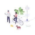 People testing web network 5g isometric illustration. Female character with bicycle checks online connection tablet.