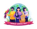 People and their pets celebrate world animal day. Wildlife Day with the animals. Flat Vector Illustration