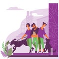 People with their pets on the fantasy cityscape background flat vector illustration