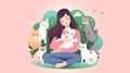 People and their pets illustrations. training and playing with their pets, encouragement concept. family illustration in cartoon