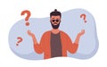 People think about difficult question, need advice, man standing near question symbols