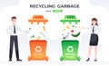 People throw garbage in a container. Segregation and recycling. Bins for garbage and trash. Sorting different types of waste. Royalty Free Stock Photo