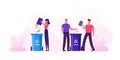 People Throw Garbage into Containers for Organic and E-waste Litter Bins with Recycle Sign. Dwellers Collecting Trash Royalty Free Stock Photo