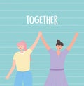 People together, funny young women holding hands, male and female cartoon characters