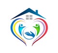 People together with home holding hands icon family union, love care in hands logo Royalty Free Stock Photo