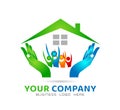 People together with home holding hands icon family union, love care in hands logo