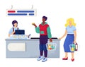 People together standing in queue cashier supermarket, male female hold food metal basket cartoon vector illustration
