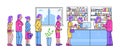 People together standing queue store, male female character buying foodstuff in supermarket line flat vector
