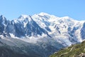 People on the top of a rock overlooking amazing Mount Blanc, near Chamonix in French Alps. Highest peak of France and Europe. Royalty Free Stock Photo