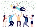 People tossing woman in air. Business team celebrating victory, final successful project or great investments. Money Royalty Free Stock Photo