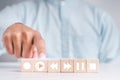 People touch the wood blocks with their index fingers. With a music player button to select a play icon Royalty Free Stock Photo