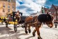 People touring around the beautiful Bruges town on a carriage pulled by a horse