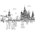 People or tourist walking Kremlin and Cathedral of St. Basil at the Red Square in Moscow Russia vector illustration sketch doodle Royalty Free Stock Photo