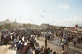 People or tourists in Eminonu Square and cityscape of Istanbul on the background