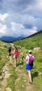 People tourists on trekking of Arkhyz, Russia