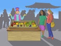 People at traditional fruit market illustration