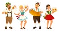 People in traditional German, Bavarian costume holding beer mugs, Oktoberfest, cartoon vector illustration isolated on