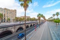 People & traffic, late afternoon in seaside Barcelona, Spain. Royalty Free Stock Photo