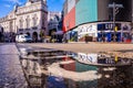 People and traffic in Picadilly Circus in London after the rain. Royalty Free Stock Photo