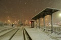 People in traffic through snow in Bucharest, Romania