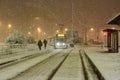 People in traffic through snow in Bucharest, Romania 20 ianuary