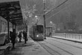 People in traffic through snow in Bucharest, Romania, January 20, 2024