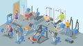 People and training apparatus in the gym, various types of physical exercises. Isometric flat vector illustration