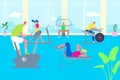 People training in gym, cartoon characters working out, active sport exercise, vector illustration