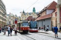 Tourists at the tram station in the old town of Prague, Czech Republic