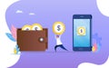 People transfer money from smartphone to wallet. Flat cartoon character graphic design. Landing page template,banner