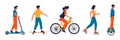 People with transport. Characters riding on bicycle and scooter. Cute woman roller skating. Man on hoverboard. Boy Royalty Free Stock Photo