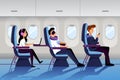People travel by airplane in economy class. Plane interior with sleeping and working passengers. Vector flat cartoon illustration