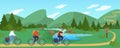 People travel by bike flat vector illustration, cartoon active cyclist characters traveling, cycling in summer natural