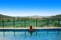 People travel blue swimming pool outdoor resort on blue sky and