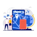 People travel concept with tiny character. Tourist going in vacation with suitcases and smartphone standing next to globe world Royalty Free Stock Photo