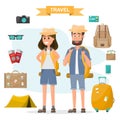 people travel. couple with backpack and equipment set go to travel on a vacation