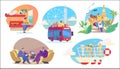 People travel in different transport, sightseeing and business trip, vector illustration