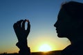 Cropped Shot Of A Silhouette Of A Girl Over Blue Sky  Background. Royalty Free Stock Photo