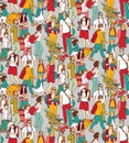 People travel luggage crowd seamless pattern.