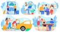 People travel by plane and car, business trip or summer vacation, set of cartoon characters, vector illustration Royalty Free Stock Photo
