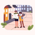 People travel on summer holiday. Traveling couple walking on city street. Tourists looking on country map, location Royalty Free Stock Photo