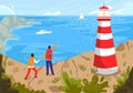 People travel to coastal sea beach landscape vector illustration, cartoon flat characters enjoy natural seascape with