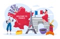 People travel to France vector illustration, cartoon active flat man woman tourist character in traditional French