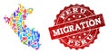 Migration Composition of Mosaic Map of Peru and Grunge Stamp